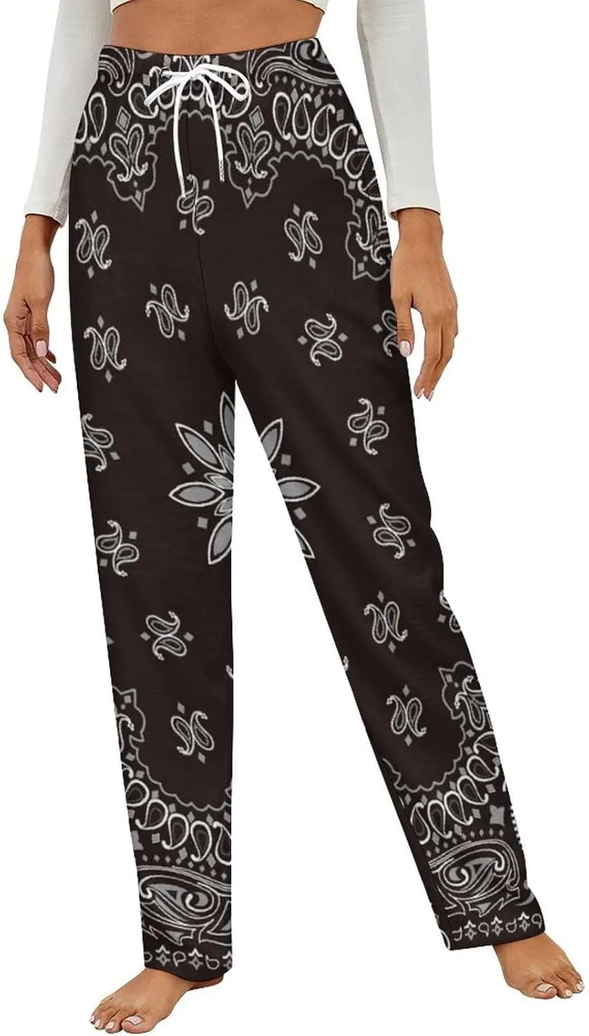 Black Paisley Bandana Women's Flannel Pajama Pants Fleece Lounge Sleep Bottoms PJ