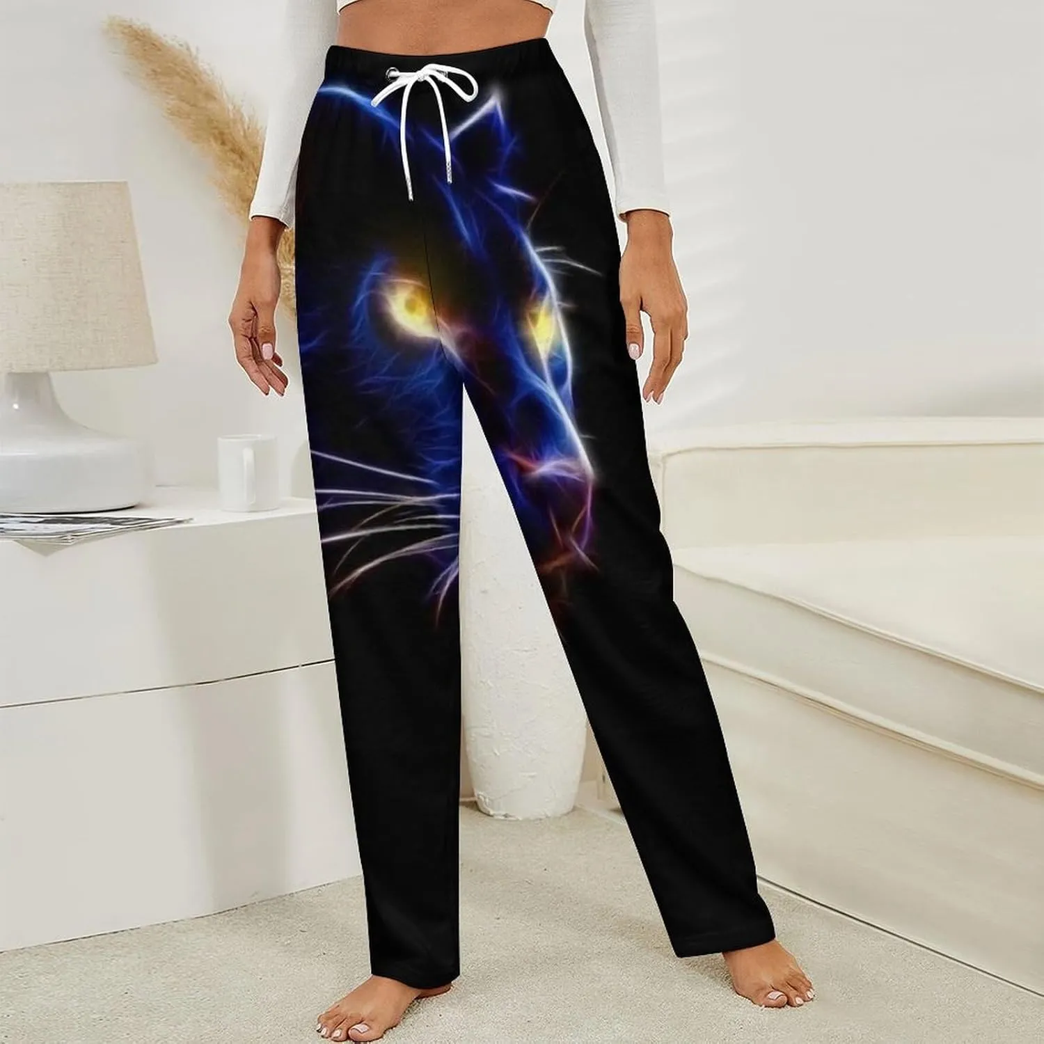 Black Panther in The Dark Women's Flannel Pajama Pants Fleece Lounge Sleep Bottoms PJ
