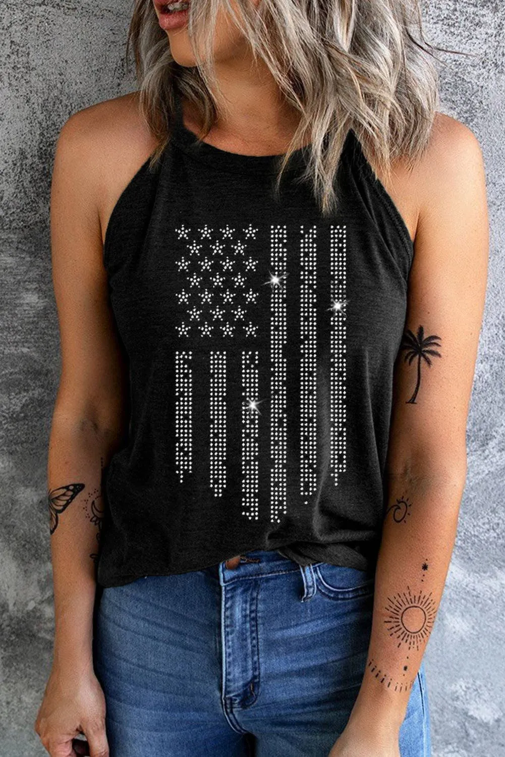 Black Shiny American Flag Tank Top