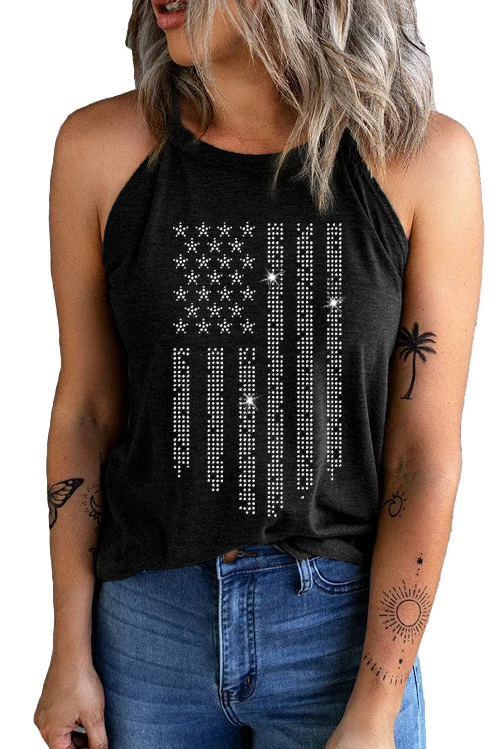Black Shiny American Flag Tank Top