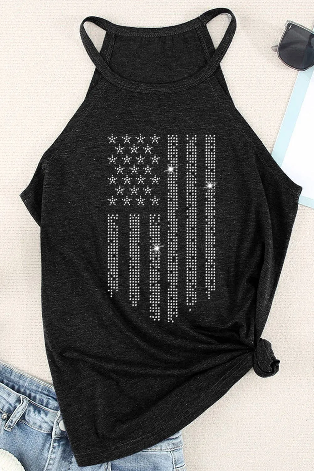 Black Shiny American Flag Tank Top