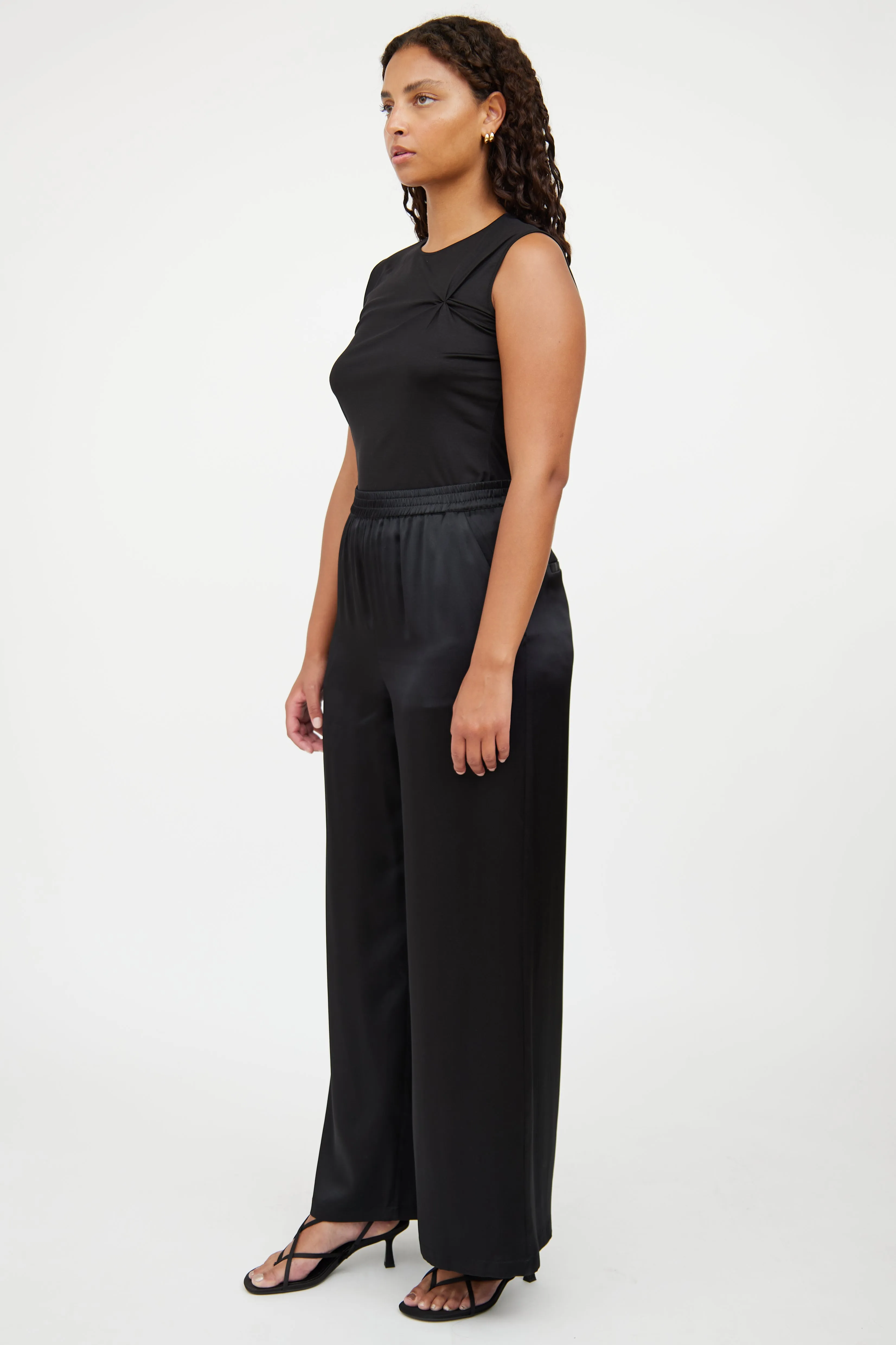 Black Silk Satin Wide Leg Pant