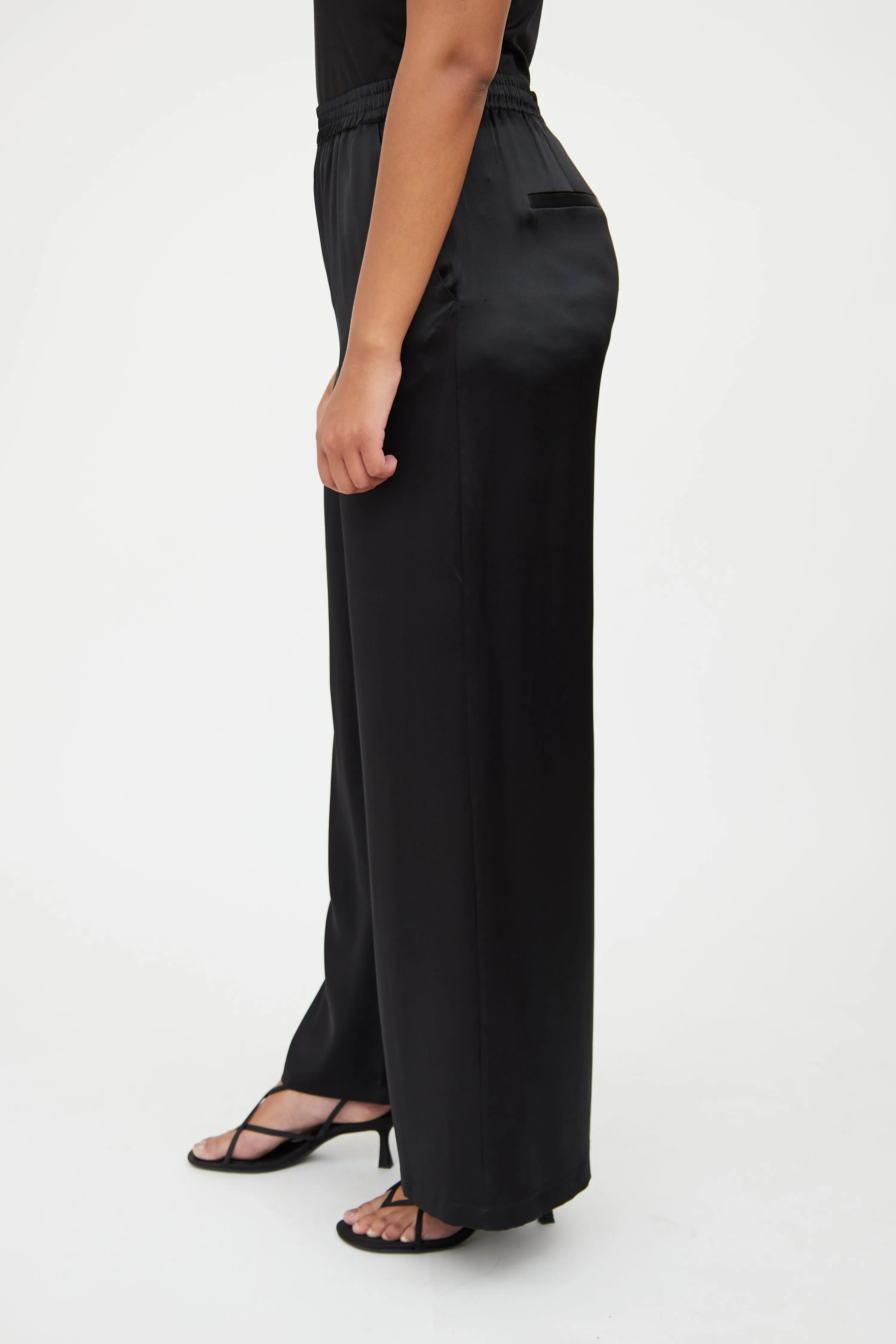 Black Silk Satin Wide Leg Pant