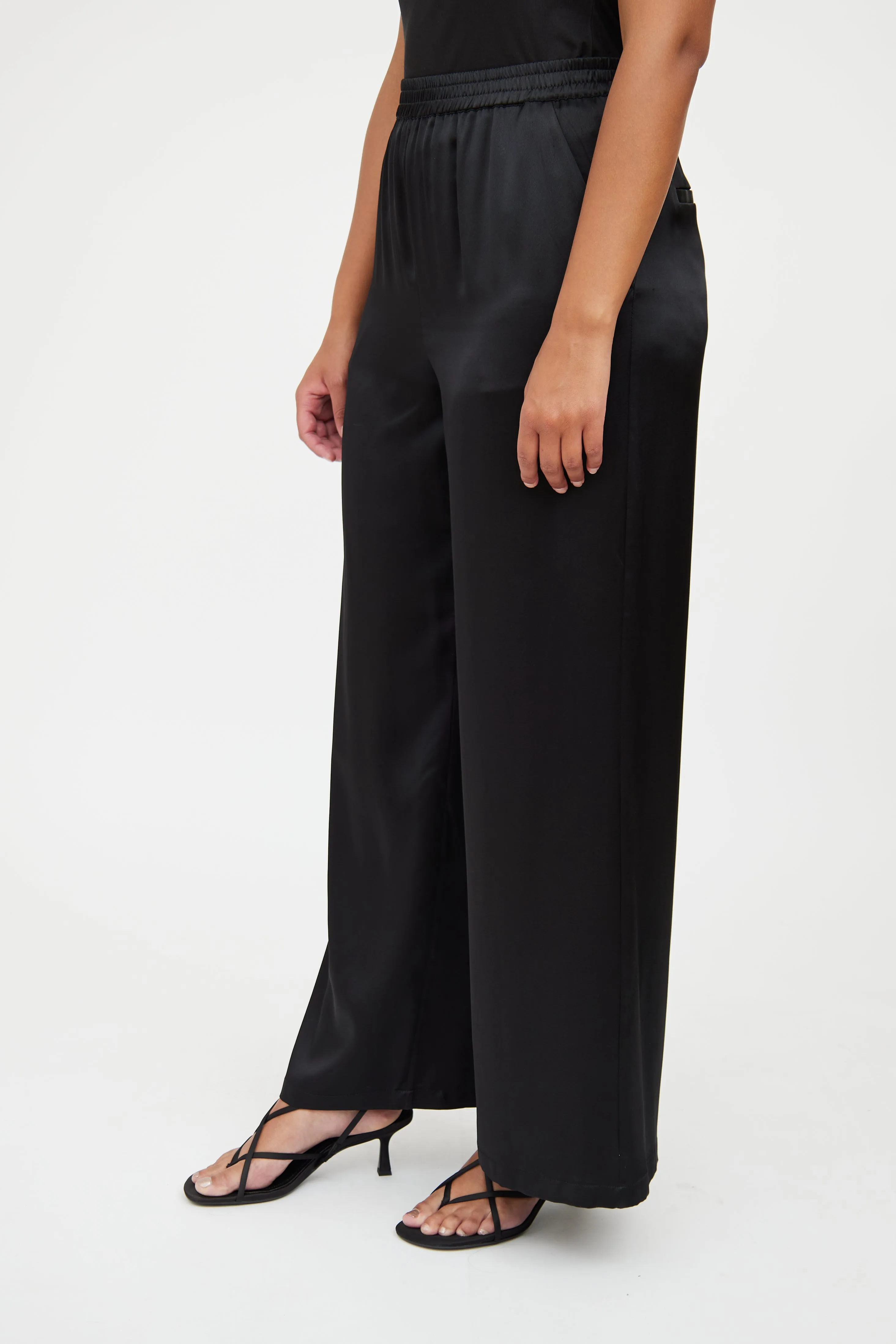 Black Silk Satin Wide Leg Pant
