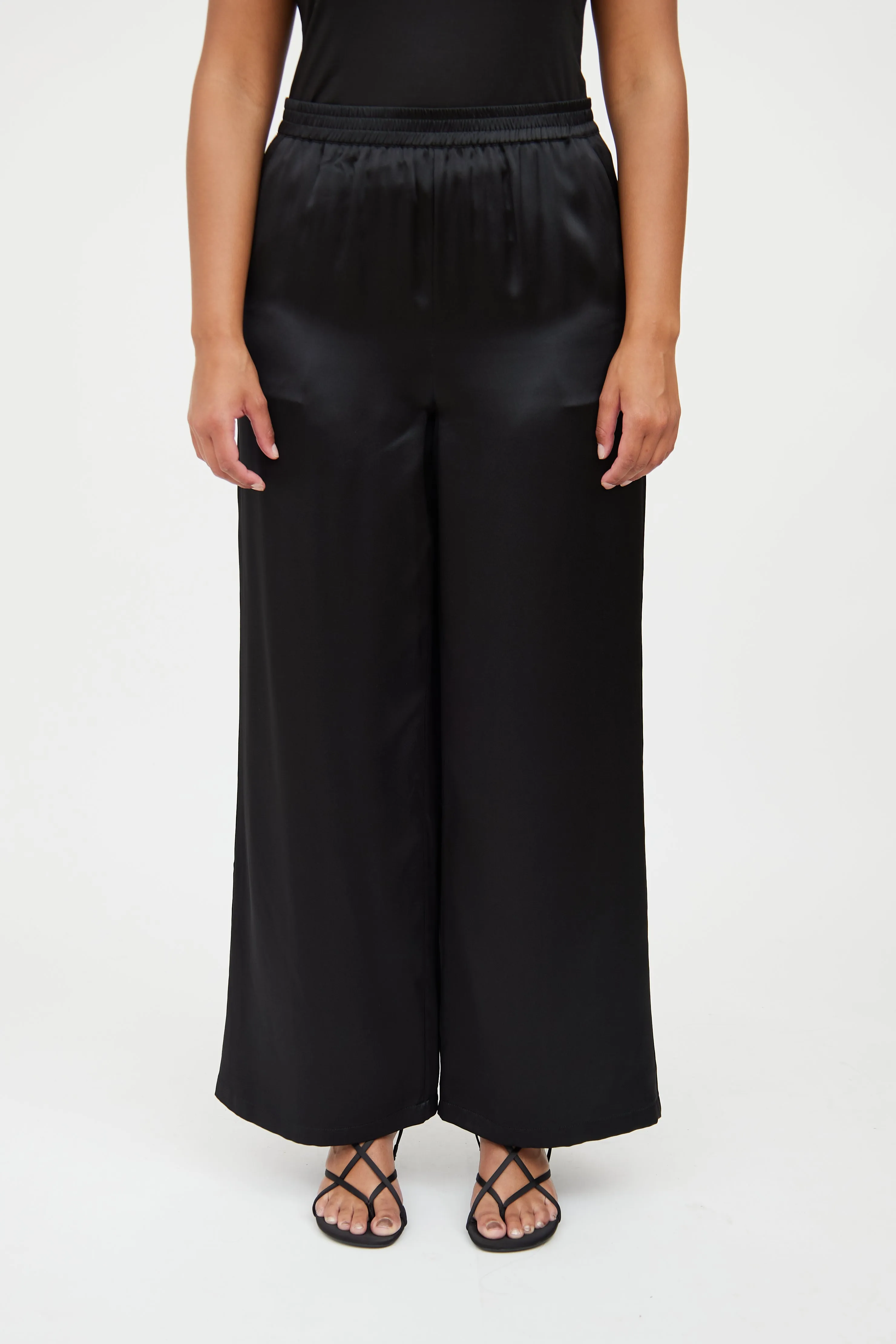 Black Silk Satin Wide Leg Pant