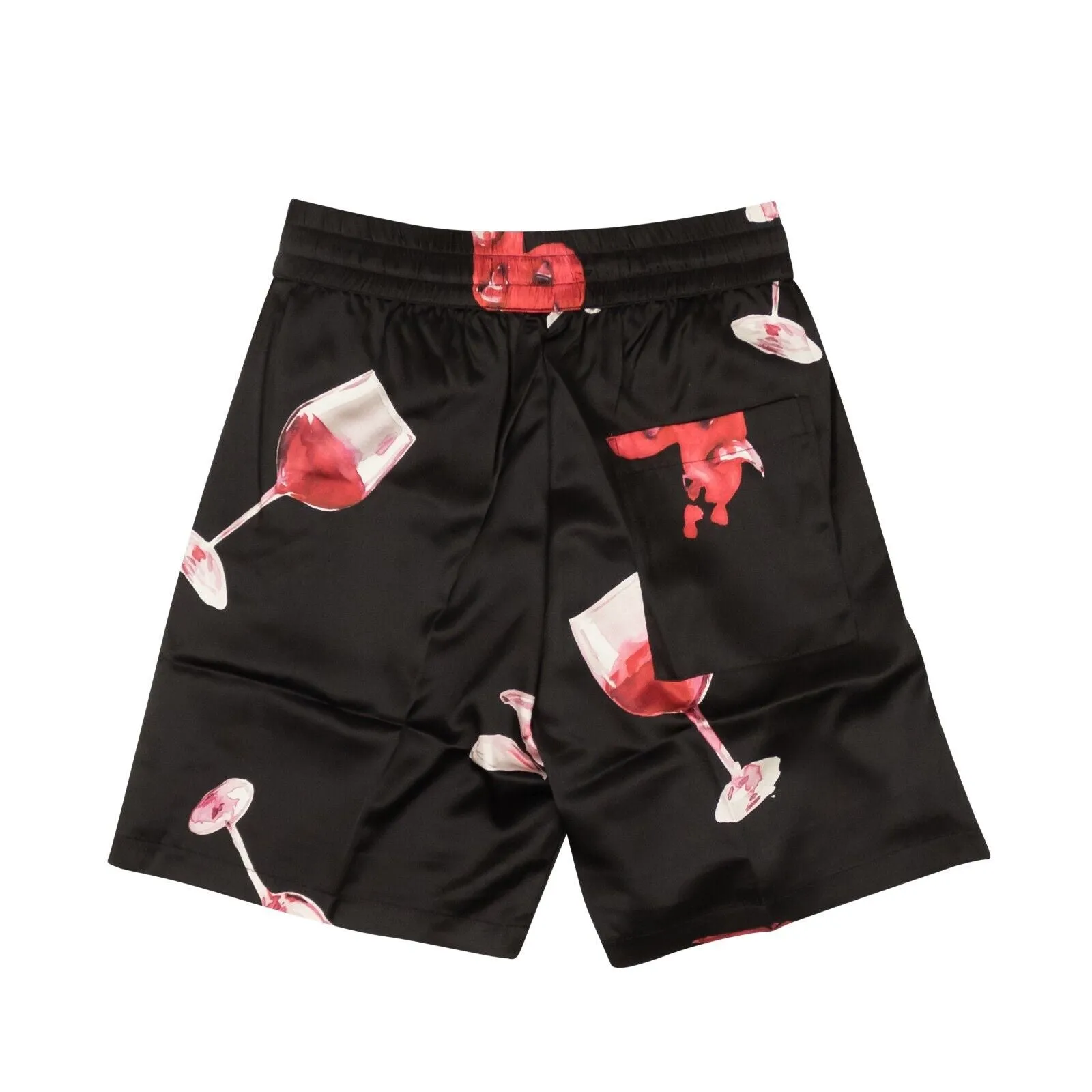 Black Wine Glass Spill Design Silk Shorts