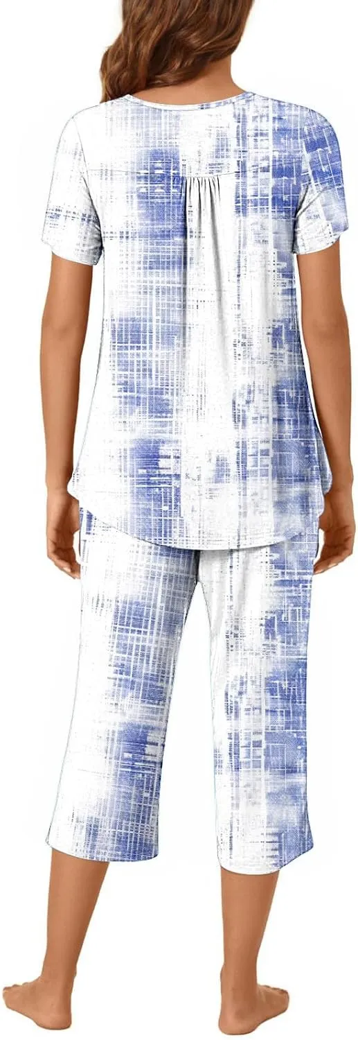 Bleached Pajamas Sets for Women Thin Round Neck Shorts Sleeve Nightwear Sets with 3/4 Pants Lounge 2 Pieces