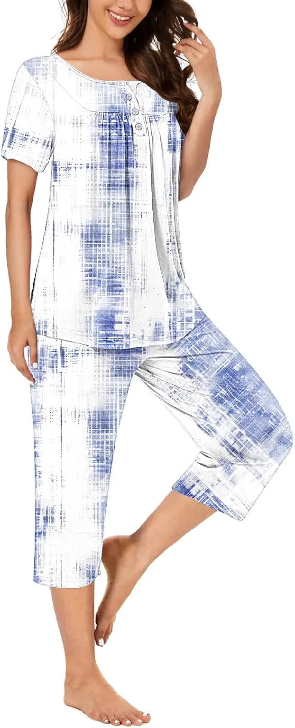 Bleached Pajamas Sets for Women Thin Round Neck Shorts Sleeve Nightwear Sets with 3/4 Pants Lounge 2 Pieces