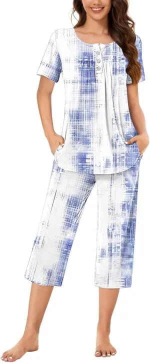 Bleached Pajamas Sets for Women Thin Round Neck Shorts Sleeve Nightwear Sets with 3/4 Pants Lounge 2 Pieces
