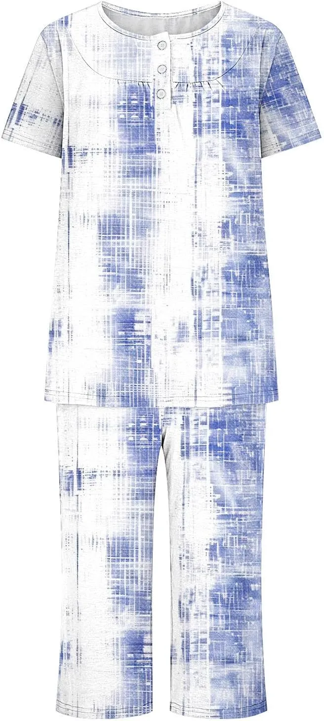 Bleached Pajamas Sets for Women Thin Round Neck Shorts Sleeve Nightwear Sets with 3/4 Pants Lounge 2 Pieces