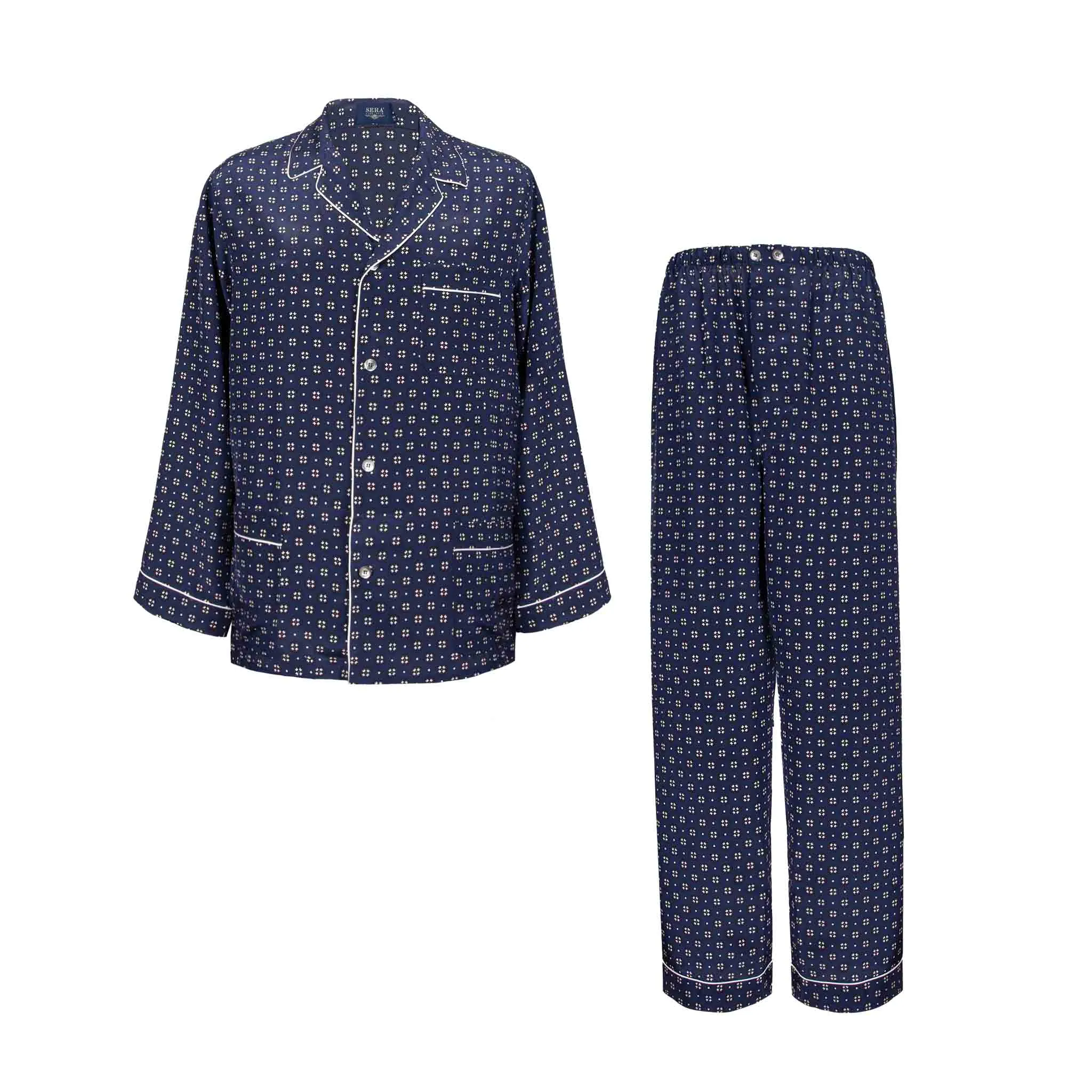 Blue & White Geometric Pattern Silk Pajama