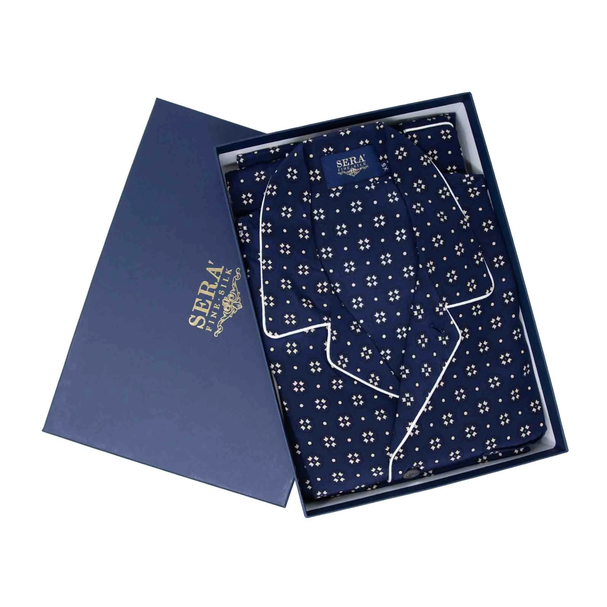 Blue & White Geometric Pattern Silk Pajama