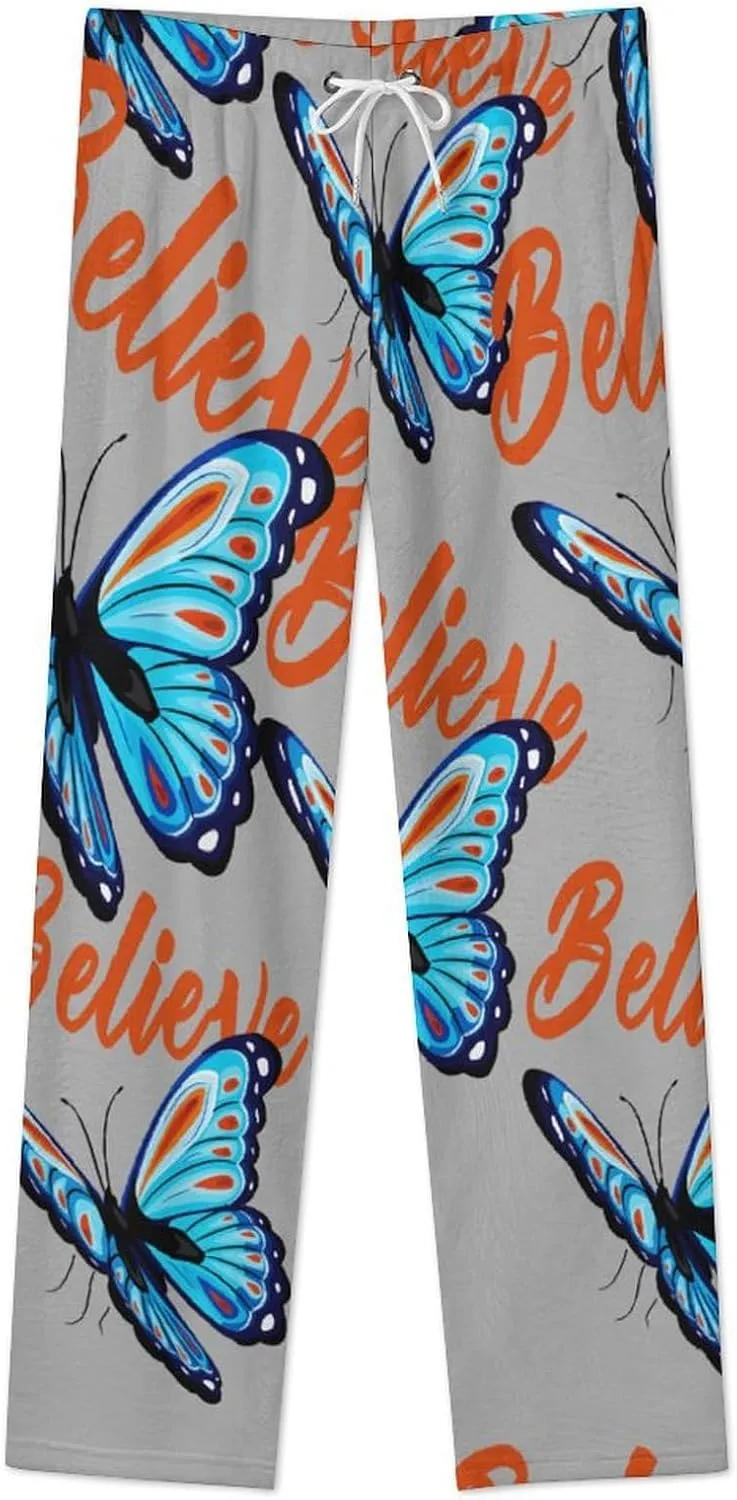 Blue And Red Butterfly Women's Flannel Pajama Pants Fleece Lounge Sleep Bottoms PJ