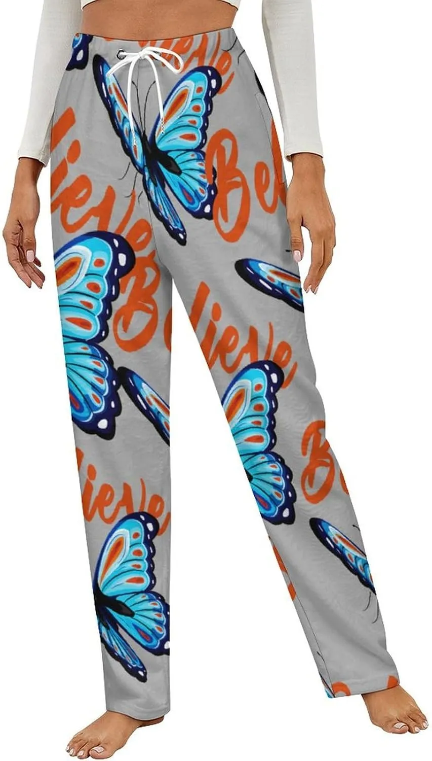 Blue And Red Butterfly Women's Flannel Pajama Pants Fleece Lounge Sleep Bottoms PJ
