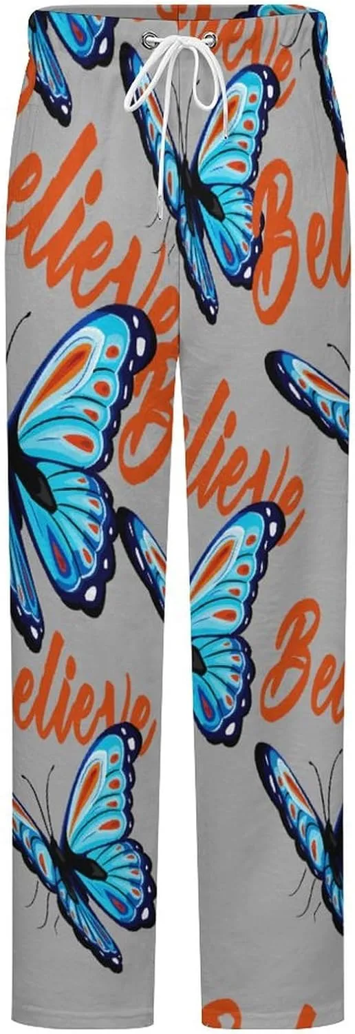 Blue And Red Butterfly Women's Flannel Pajama Pants Fleece Lounge Sleep Bottoms PJ