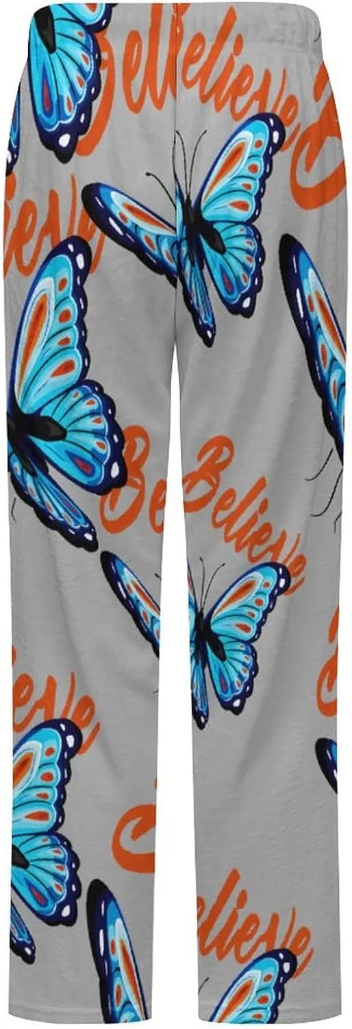Blue And Red Butterfly Women's Flannel Pajama Pants Fleece Lounge Sleep Bottoms PJ