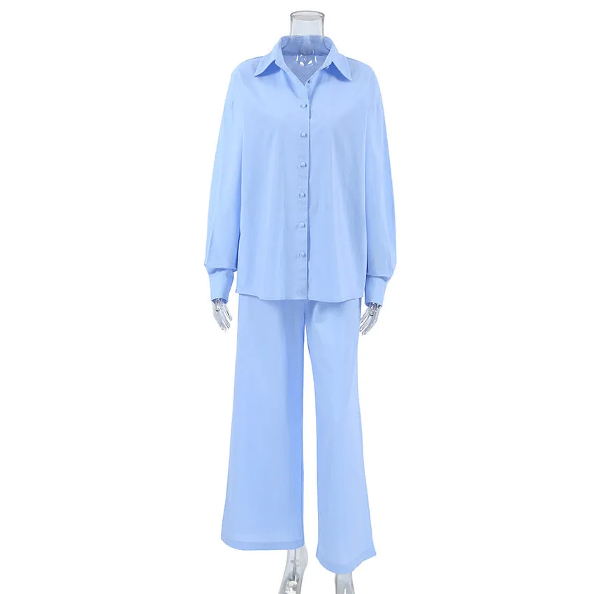 Blue Cotton Loose Long-Sleeved Pajamas Two Piece Set