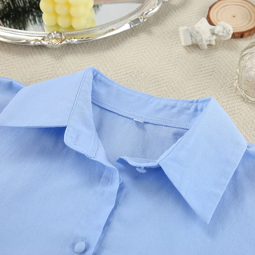 Blue Cotton Loose Long-Sleeved Pajamas Two Piece Set