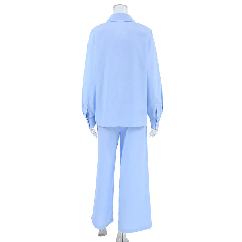 Blue Cotton Loose Long-Sleeved Pajamas Two Piece Set