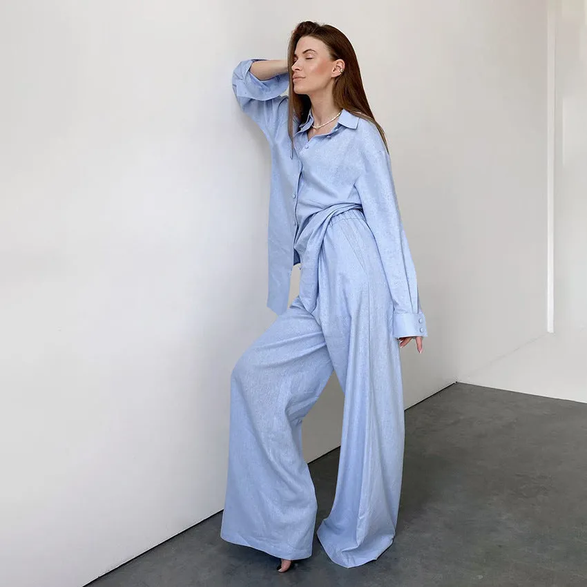 Blue Cotton Loose Long-Sleeved Pajamas Two Piece Set