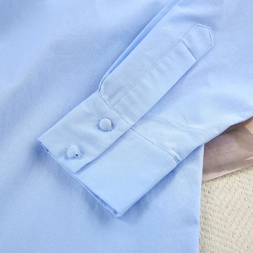 Blue Cotton Loose Long-Sleeved Pajamas Two Piece Set