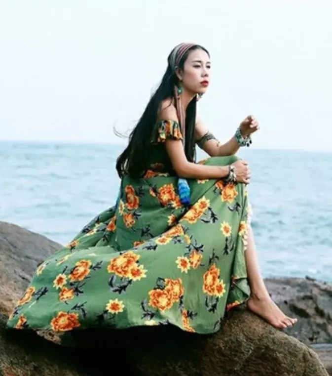 Bohemian Beach Long Skirt with Split Irregular Seaside Halter Strap Print Dress