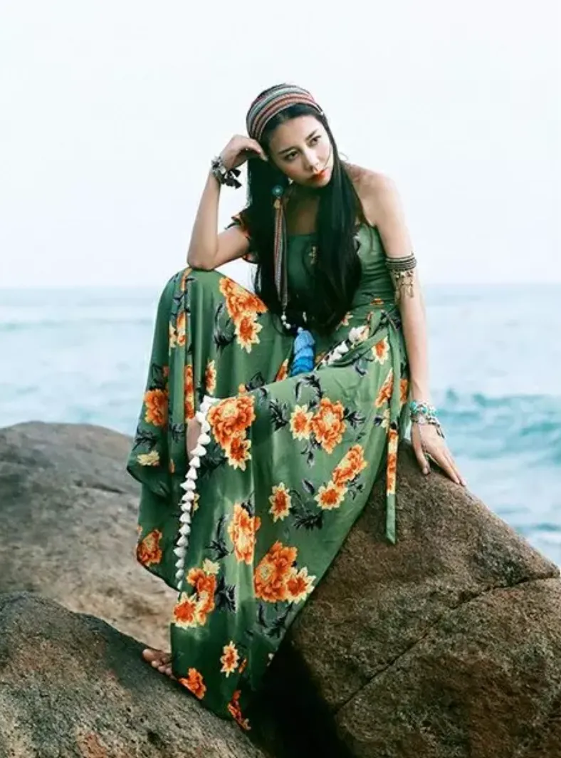 Bohemian Beach Long Skirt with Split Irregular Seaside Halter Strap Print Dress