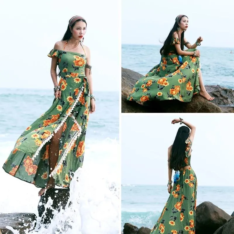 Bohemian Beach Long Skirt with Split Irregular Seaside Halter Strap Print Dress