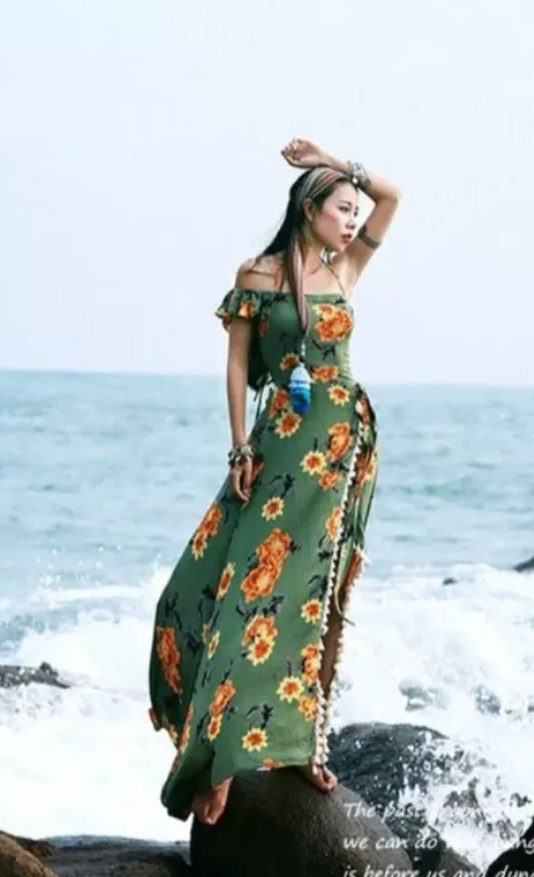 Bohemian Beach Long Skirt with Split Irregular Seaside Halter Strap Print Dress