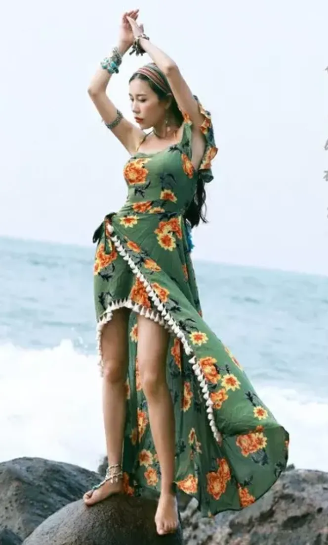 Bohemian Beach Long Skirt with Split Irregular Seaside Halter Strap Print Dress