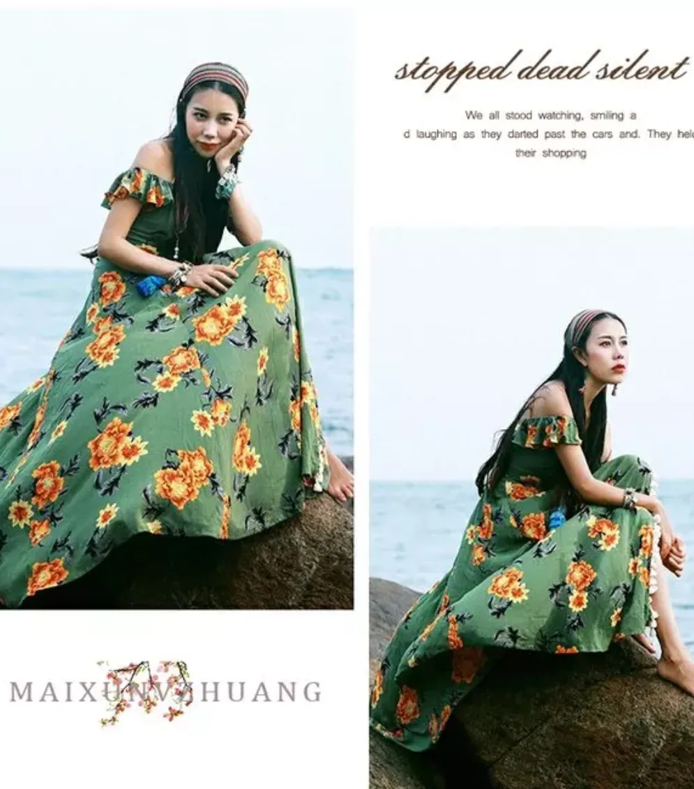 Bohemian Beach Long Skirt with Split Irregular Seaside Halter Strap Print Dress