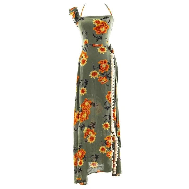 Bohemian Beach Long Skirt with Split Irregular Seaside Halter Strap Print Dress