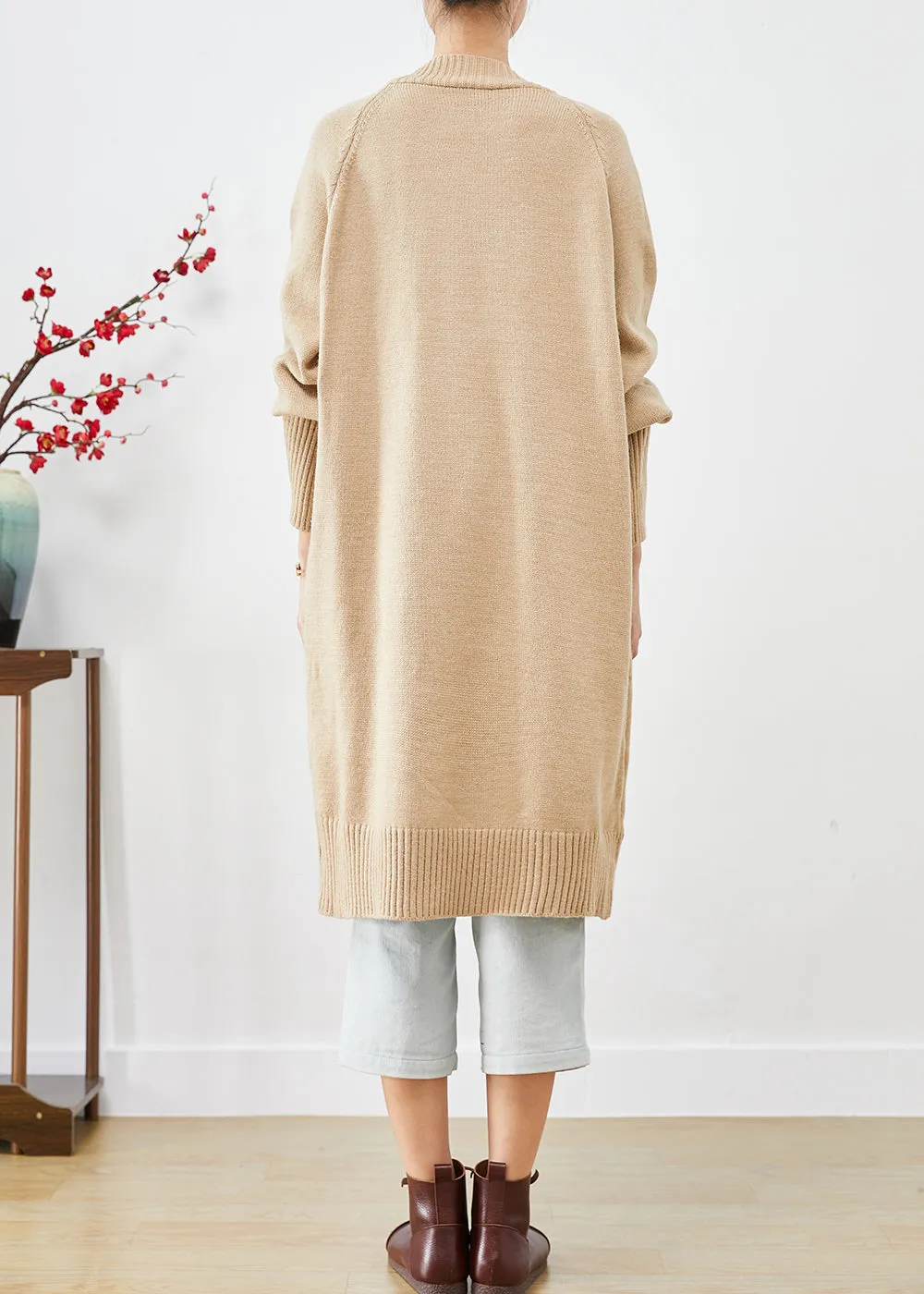 Boho Light Camel Oversized Horn Button Knit Loose Coat Fall