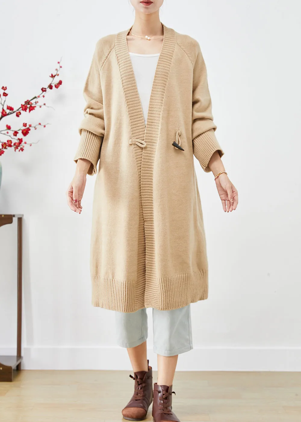 Boho Light Camel Oversized Horn Button Knit Loose Coat Fall