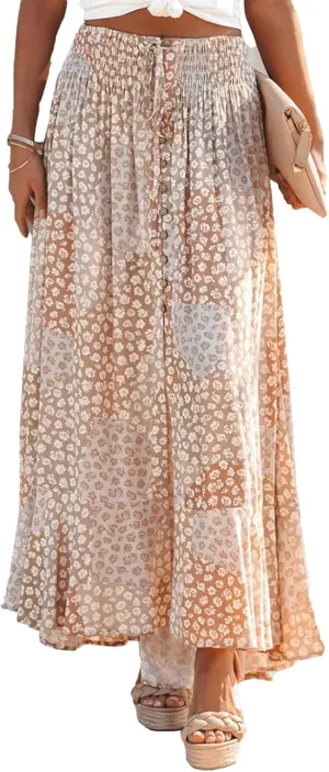 Boho Skirt Long Chic Floral Long Skirts with Slit Long Skirt for Women Vintage High Waist Polyester Women Long Skirt