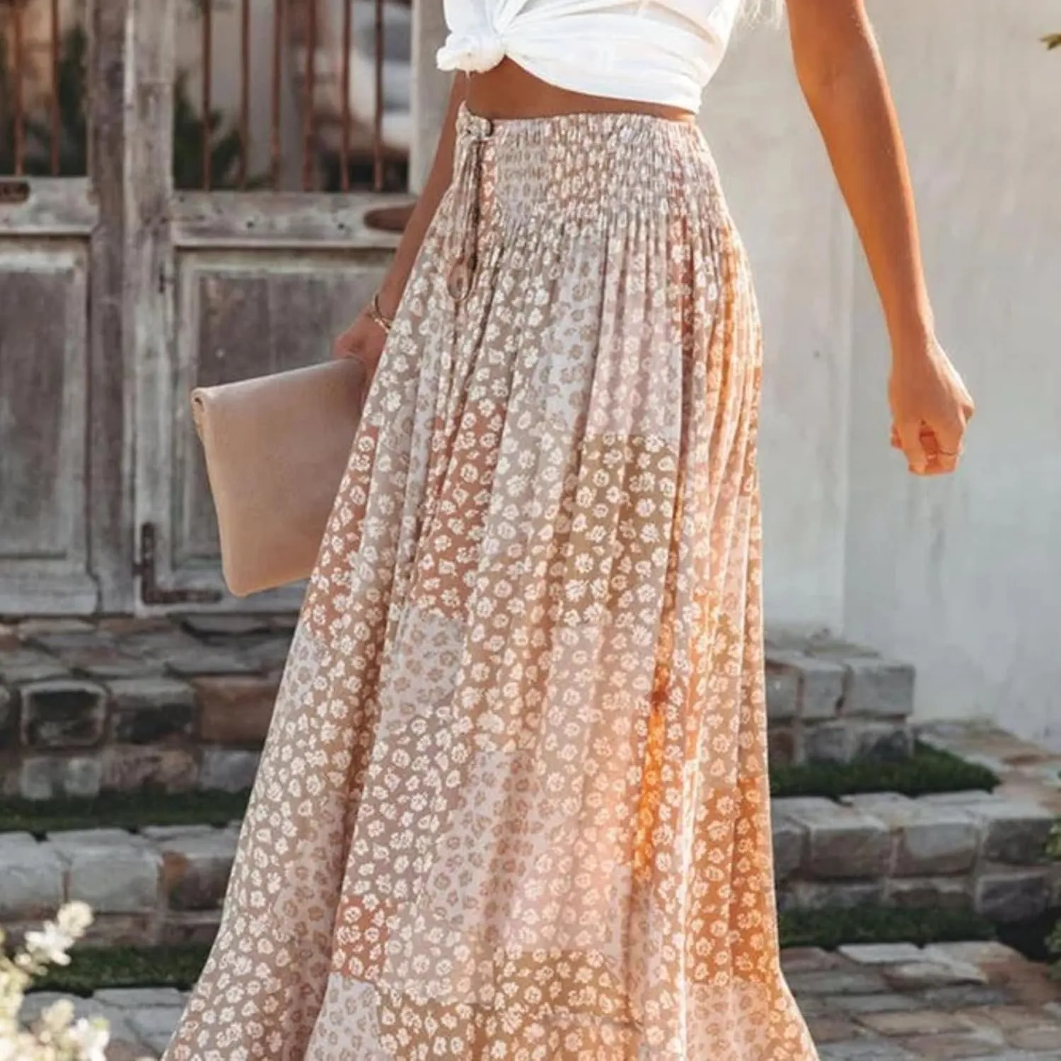 Boho Skirt Long Chic Floral Long Skirts with Slit Long Skirt for Women Vintage High Waist Polyester Women Long Skirt