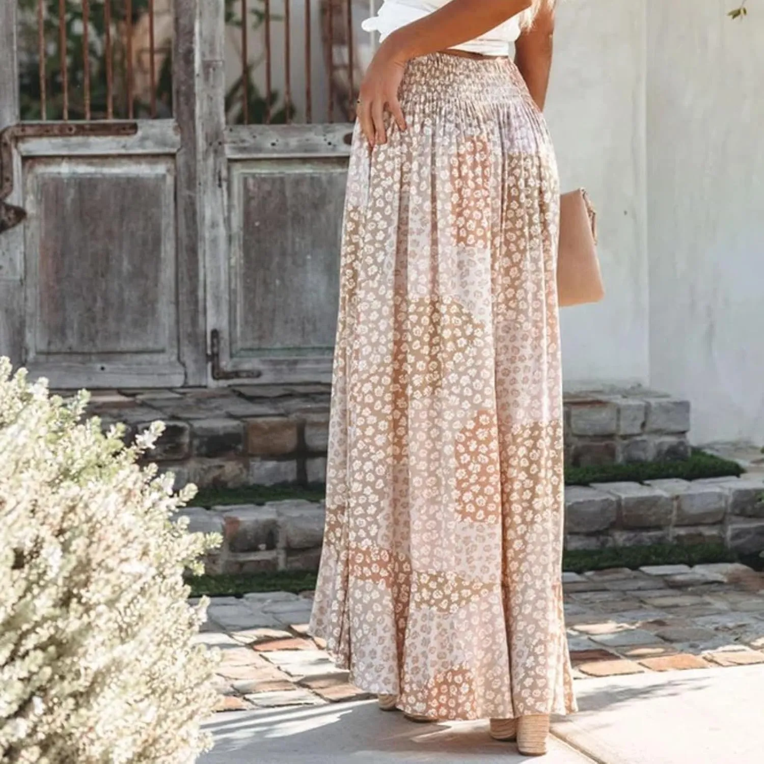 Boho Skirt Long Chic Floral Long Skirts with Slit Long Skirt for Women Vintage High Waist Polyester Women Long Skirt