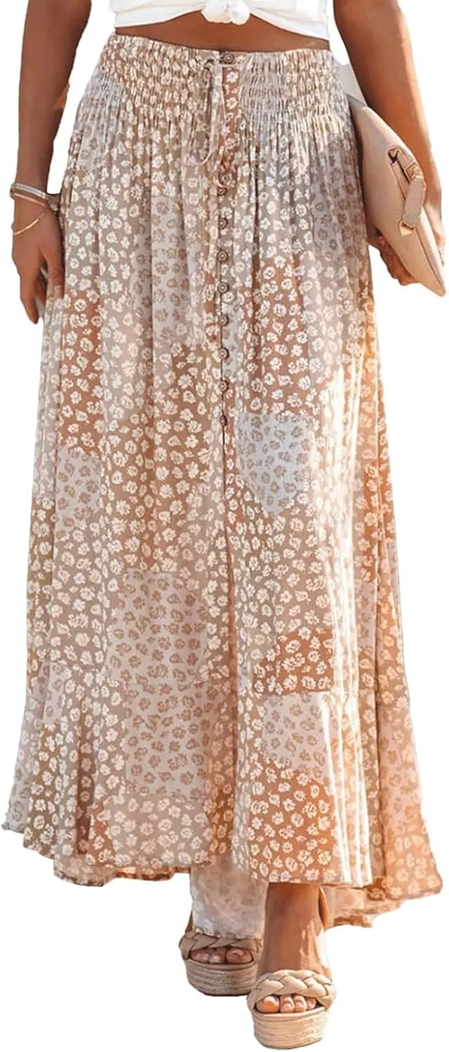 Boho Skirt Long Chic Floral Long Skirts with Slit Long Skirt for Women Vintage High Waist Polyester Women Long Skirt
