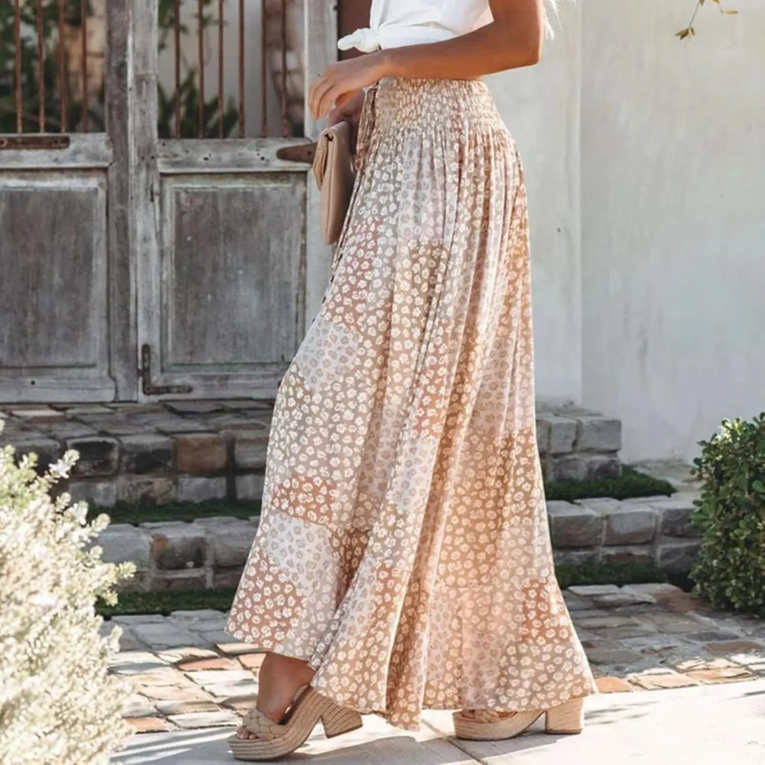 Boho Skirt Long Chic Floral Long Skirts with Slit Long Skirt for Women Vintage High Waist Polyester Women Long Skirt