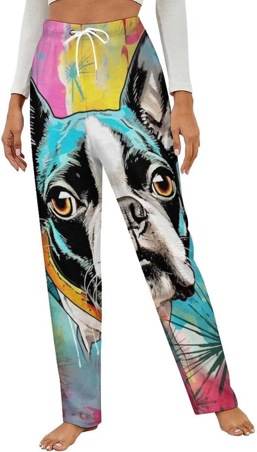 Boston Terriers Women's Flannel Pajama Pants Fleece Lounge Sleep Bottoms PJ
