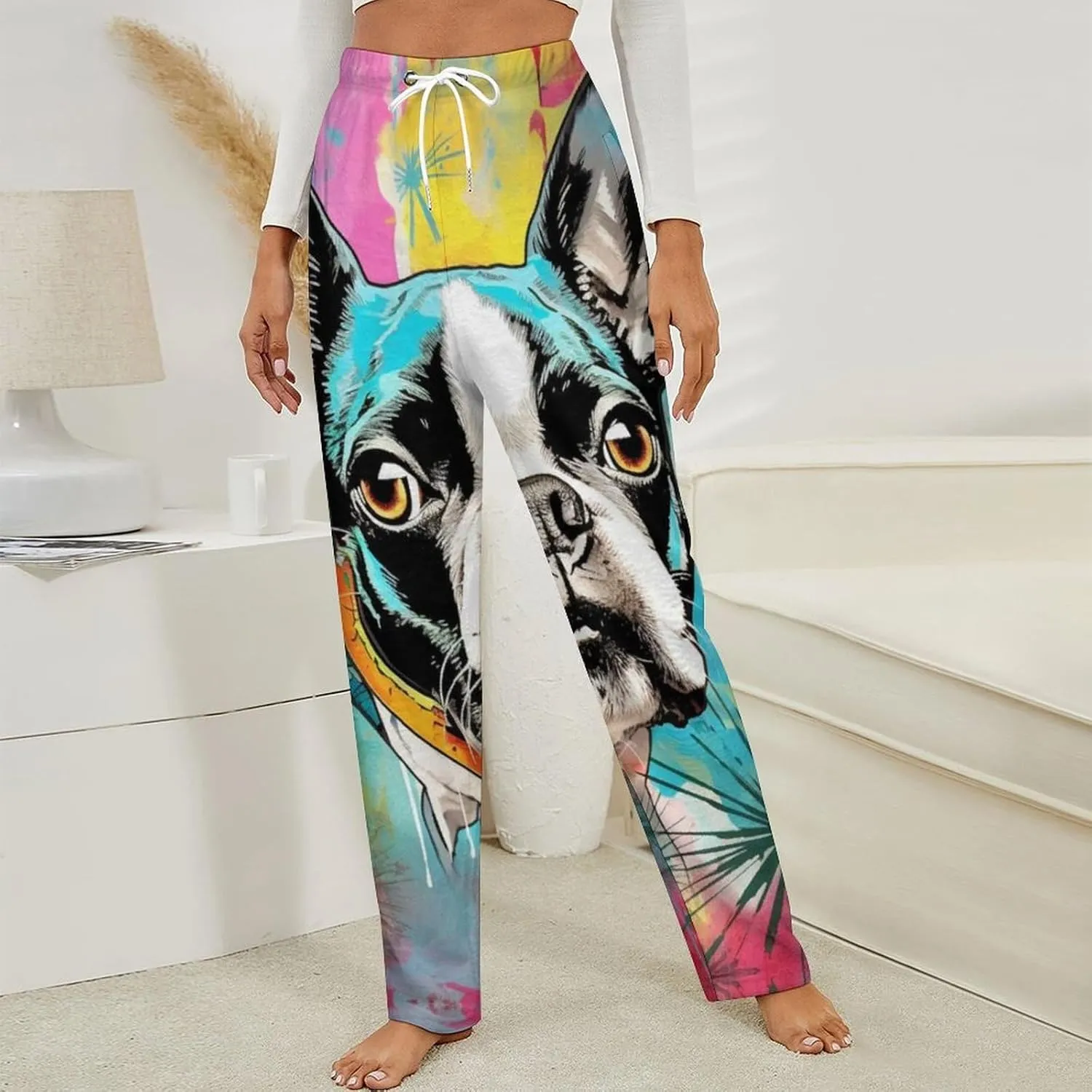 Boston Terriers Women's Flannel Pajama Pants Fleece Lounge Sleep Bottoms PJ