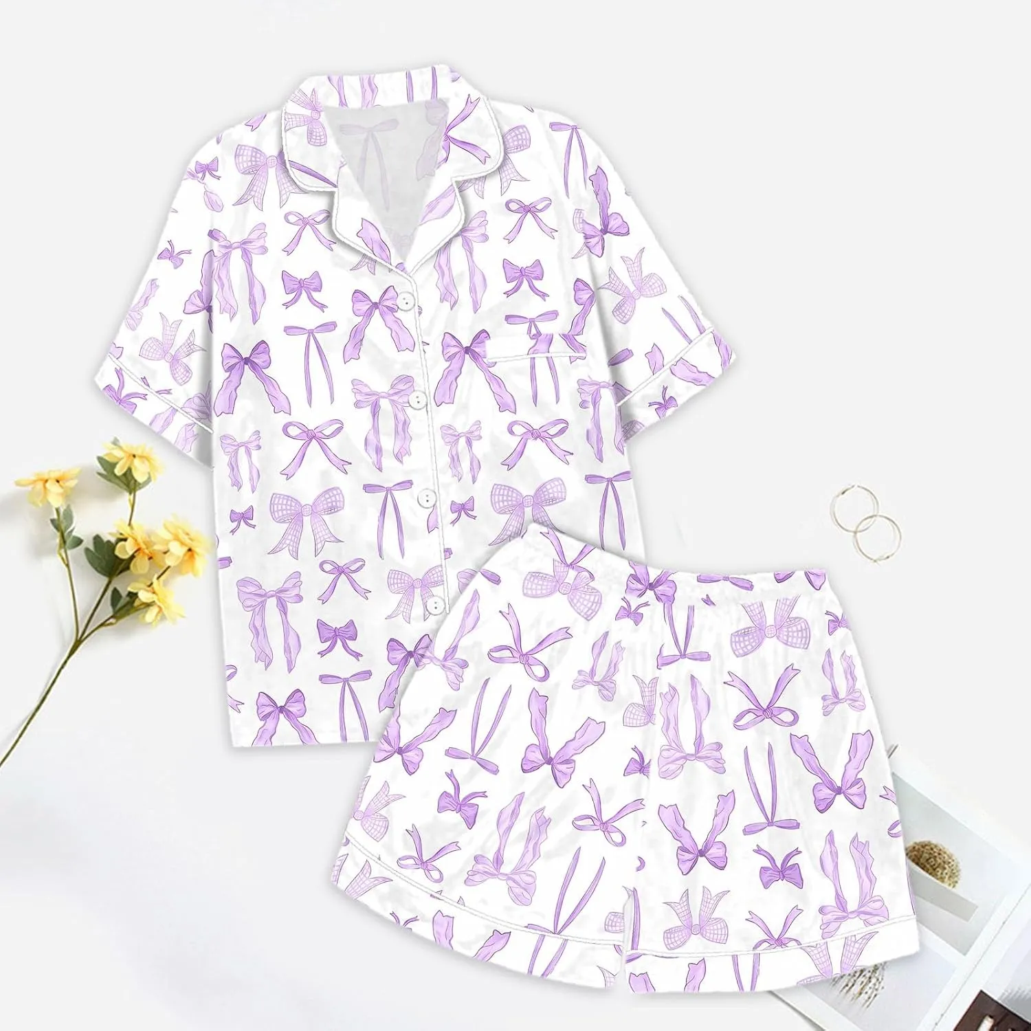 Bow Girls Pajamas Silk Satin Lapel Women's Cute Pink Printed Shorts Set Pjs 2 Piece Button up Sleepwear 10-12y Summer