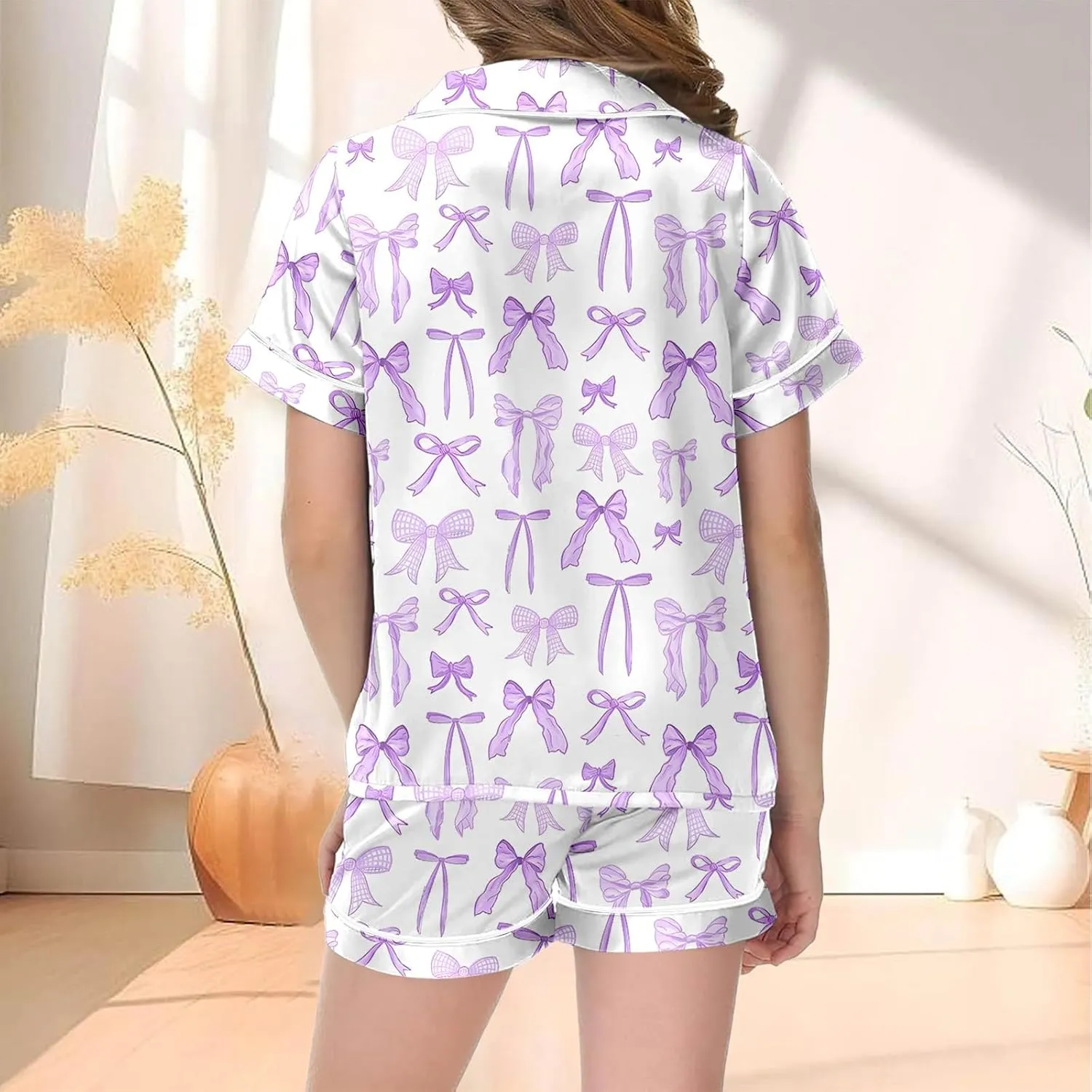 Bow Girls Pajamas Silk Satin Lapel Women's Cute Pink Printed Shorts Set Pjs 2 Piece Button up Sleepwear 10-12y Summer