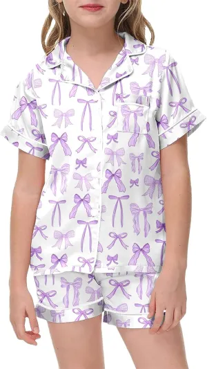 Bow Girls Pajamas Silk Satin Lapel Women's Cute Pink Printed Shorts Set Pjs 2 Piece Button up Sleepwear 10-12y Summer