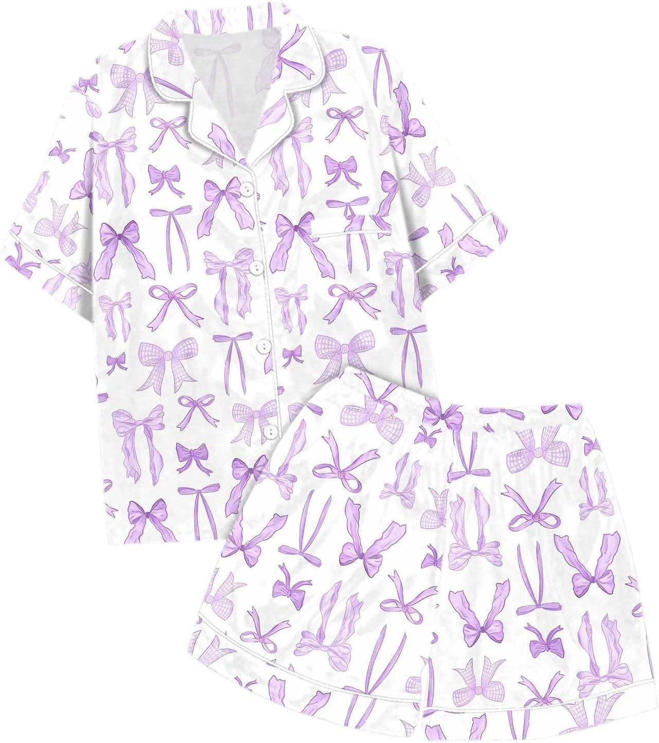 Bow Girls Pajamas Silk Satin Lapel Women's Cute Pink Printed Shorts Set Pjs 2 Piece Button up Sleepwear 10-12y Summer