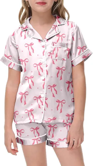 Bow Pajamas silk satin Valentines Day Pajamas Cute Bow Pjs 2 Piece Button up Shorts Loungewear Sets Sleepwear 2-13T