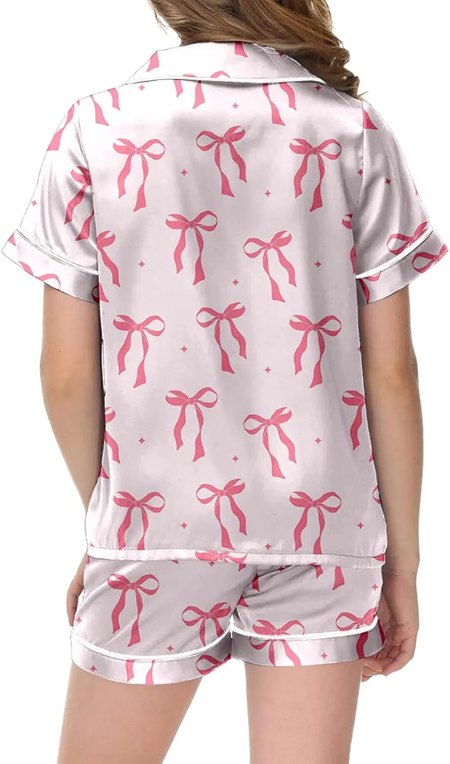 Bow Pajamas silk satin Valentines Day Pajamas Cute Bow Pjs 2 Piece Button up Shorts Loungewear Sets Sleepwear 2-13T