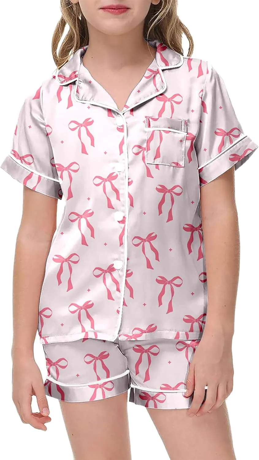 Bow Pajamas silk satin Valentines Day Pajamas Cute Bow Pjs 2 Piece Button up Shorts Loungewear Sets Sleepwear 2-13T