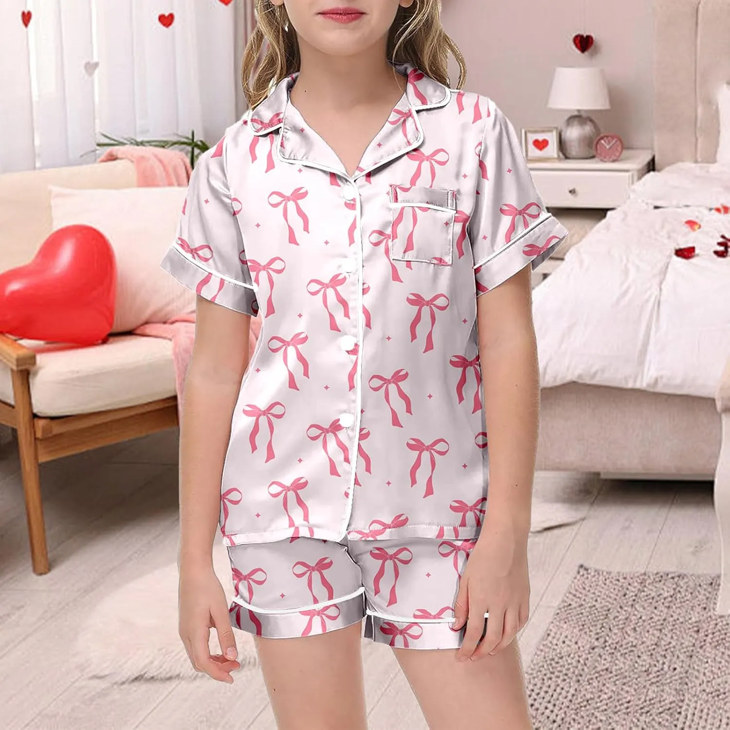 Bow Pajamas silk satin Valentines Day Pajamas Cute Bow Pjs 2 Piece Button up Shorts Loungewear Sets Sleepwear 2-13T