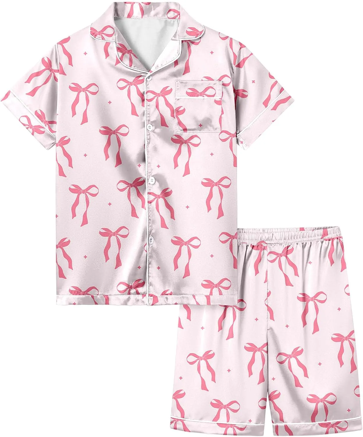 Bow Pajamas silk satin Valentines Day Pajamas Cute Bow Pjs 2 Piece Button up Shorts Loungewear Sets Sleepwear 2-13T